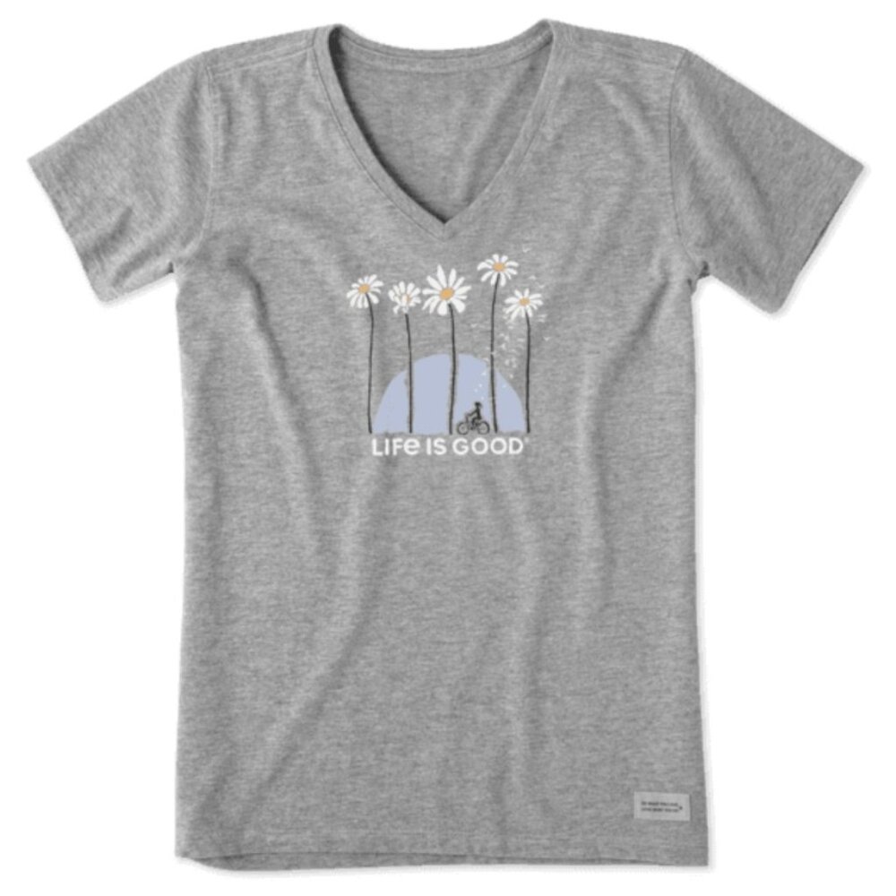 Life is Good Crusher V-Neck T-Shirt - Towering Daisies Bike Graphic